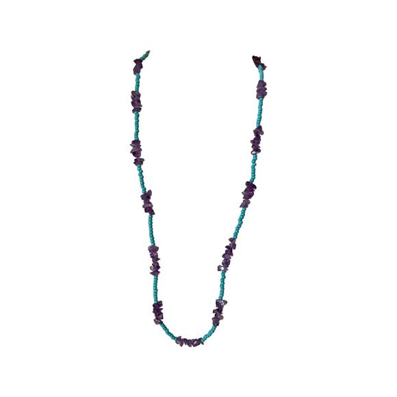 Long Strand of Purple Amethyst Chip Beads and Turquoise Bead Necklace - Picture 5 of 6